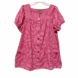 Art And Soul Top 2X  Short Sleeve Pink Floral Square Neck Button Front